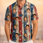 Model wearing Men's Fishful Thinking Custom Face Polo Shirt printed with kids' faces
