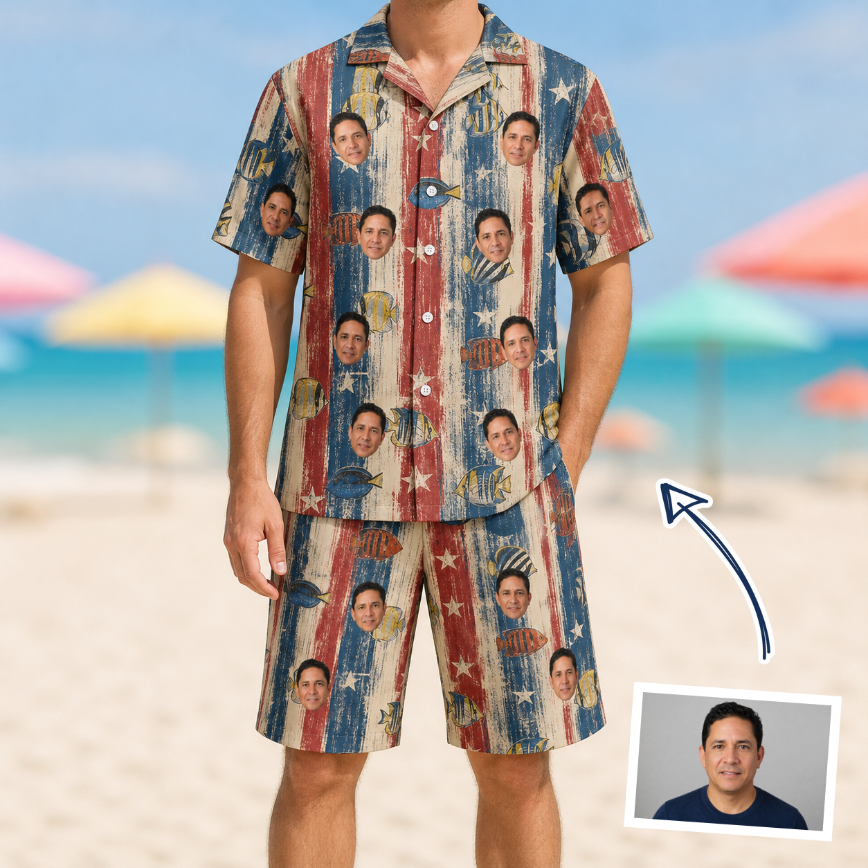 Man wearing Men's Fishful Thinking Custom Face Shirt & Shorts Set — custom faces printed all-over