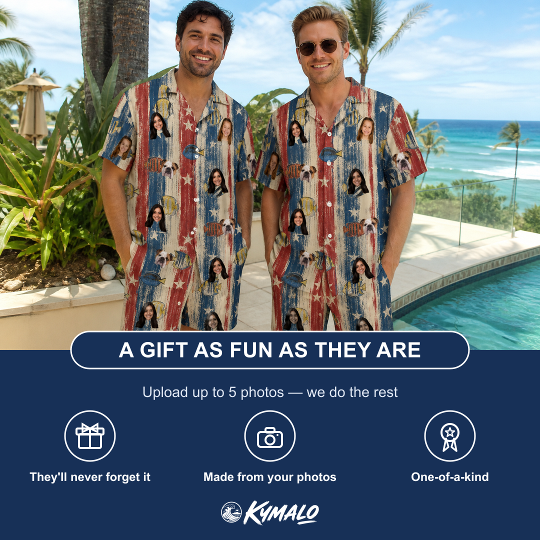 Friends in matching Men's Fishful Thinking Custom Face Shirt & Shorts Set — a group gift photo
