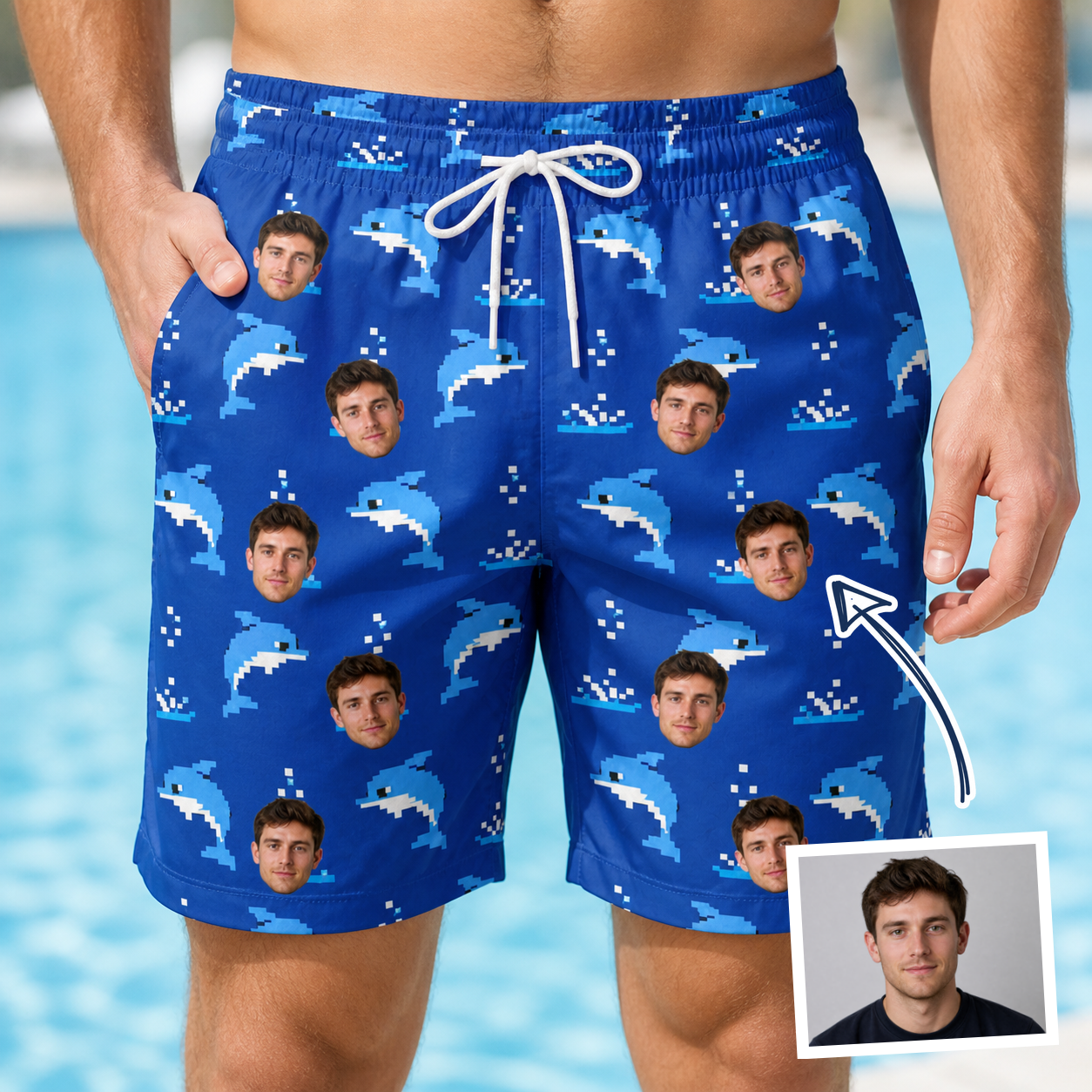 Man wearing Men's Porpoise Party Custom Face Beach Shorts — custom faces printed all-over