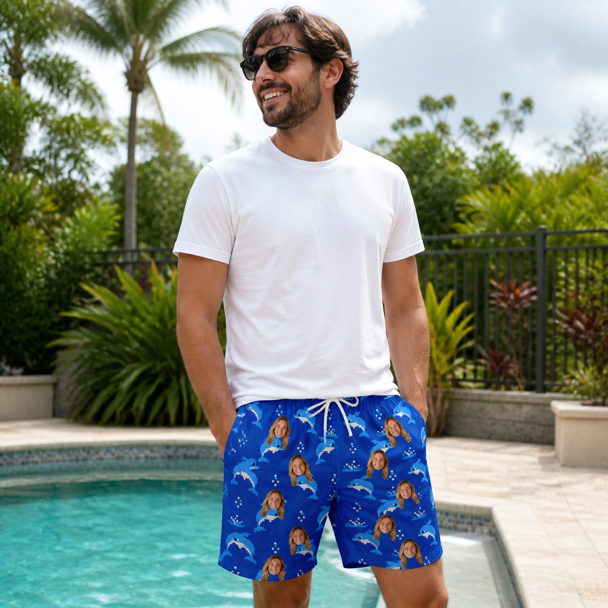 Real-life photo of someone wearing Men's Porpoise Party Custom Face Beach Shorts — custom faces printed all-over