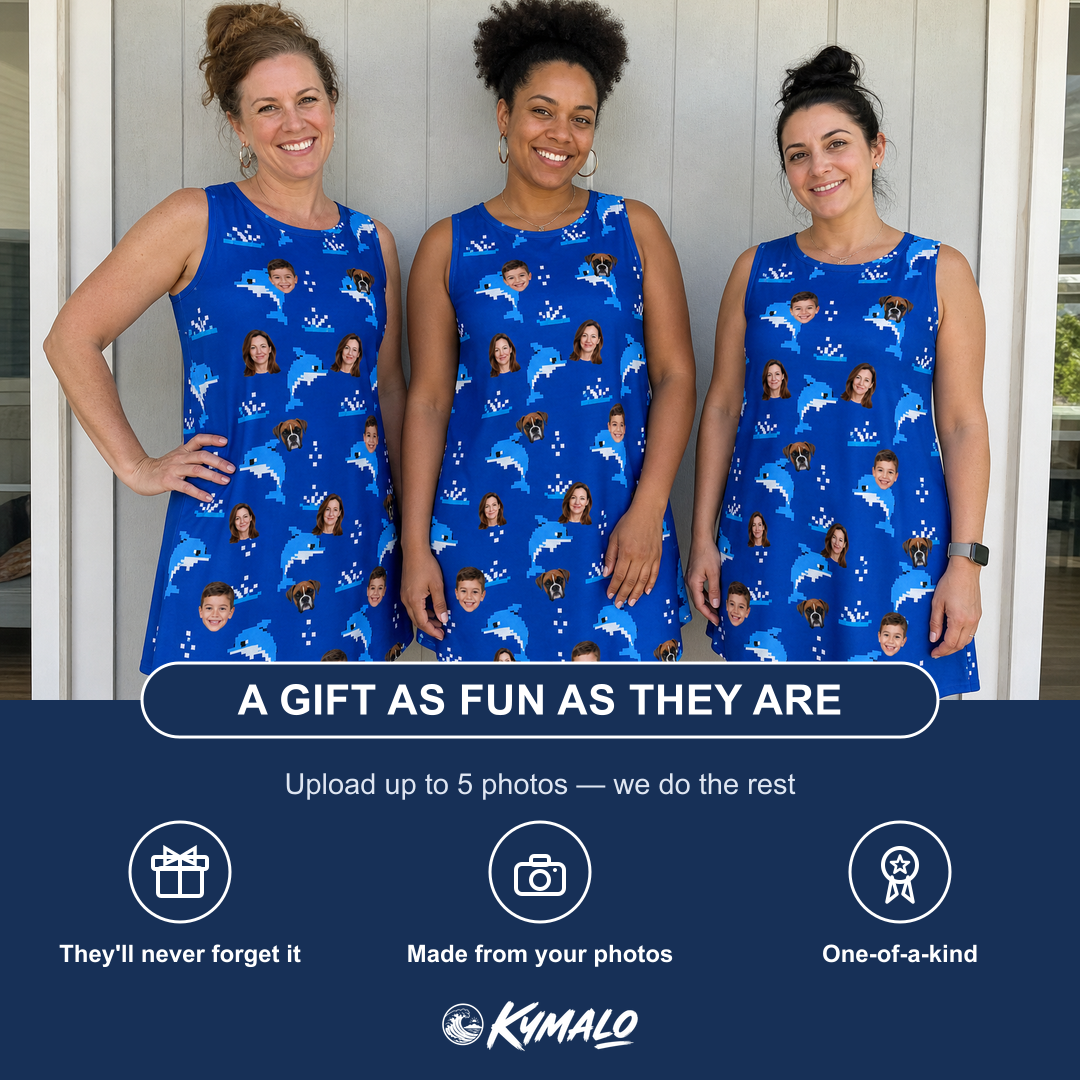 Friends in matching Women's Porpoise Party Custom Face Tank Dress — a group gift photo