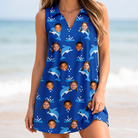 Model wearing Women's Porpoise Party Custom Face V-Neck Dress printed with kids' faces
