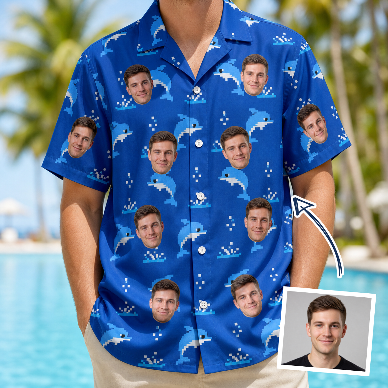 Man wearing Men's Porpoise Party Custom Face Hawaiian Shirt — custom faces printed all-over
