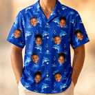 Model wearing Men's Porpoise Party Custom Face Hawaiian Shirt printed with kids' faces