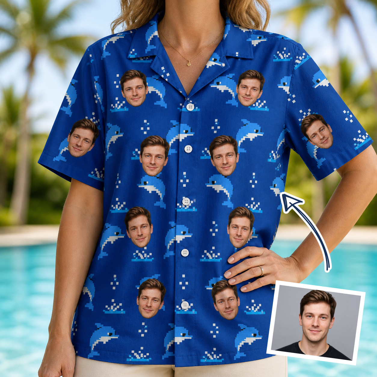 Woman wearing Women's Porpoise Party Custom Face Hawaiian Shirt — custom faces printed all-over