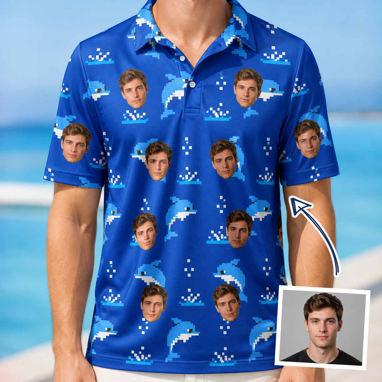 Man wearing Men's Porpoise Party Custom Face Polo Shirt — custom faces printed all-over