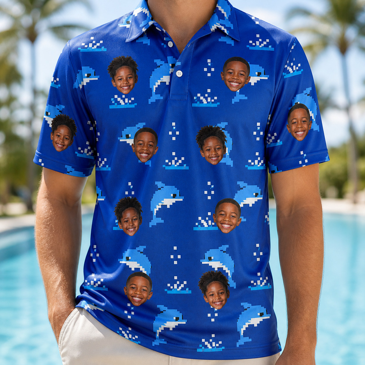 Model wearing Men's Porpoise Party Custom Face Polo Shirt printed with kids' faces