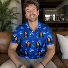 Real-life photo of someone wearing Men's Porpoise Party Custom Face Polo Shirt — custom faces printed all-over