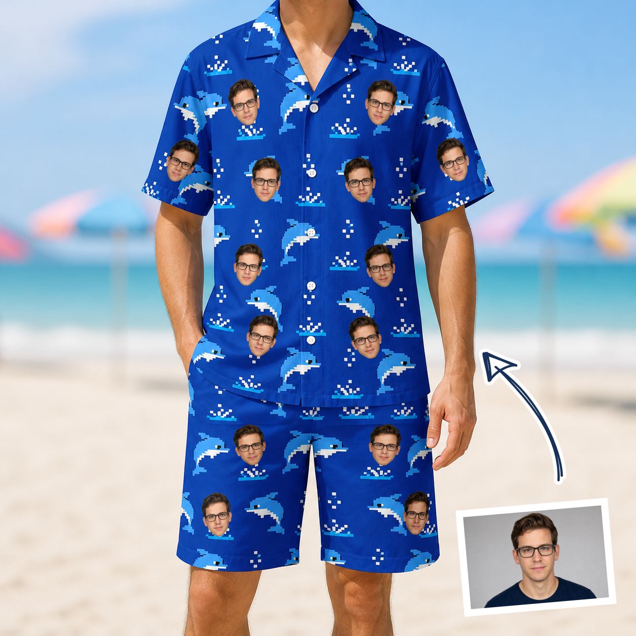 Man wearing Men's Porpoise Party Custom Face Shirt & Shorts Set — custom faces printed all-over