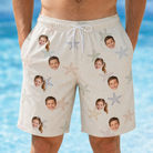 Model wearing Men's Aster Drift Custom Face Beach Shorts printed with kids' faces