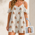 Woman wearing Women's Aster Drift Custom Face Off-Shoulder Dress — custom faces printed all-over