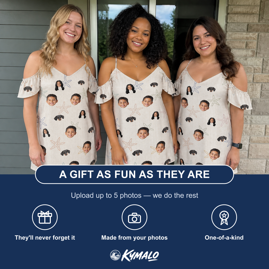 Friends in matching Women's Aster Drift Custom Face Off-Shoulder Dress — a group gift photo