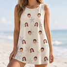 Model wearing Women's Aster Drift Custom Face Tank Dress printed with kids' faces