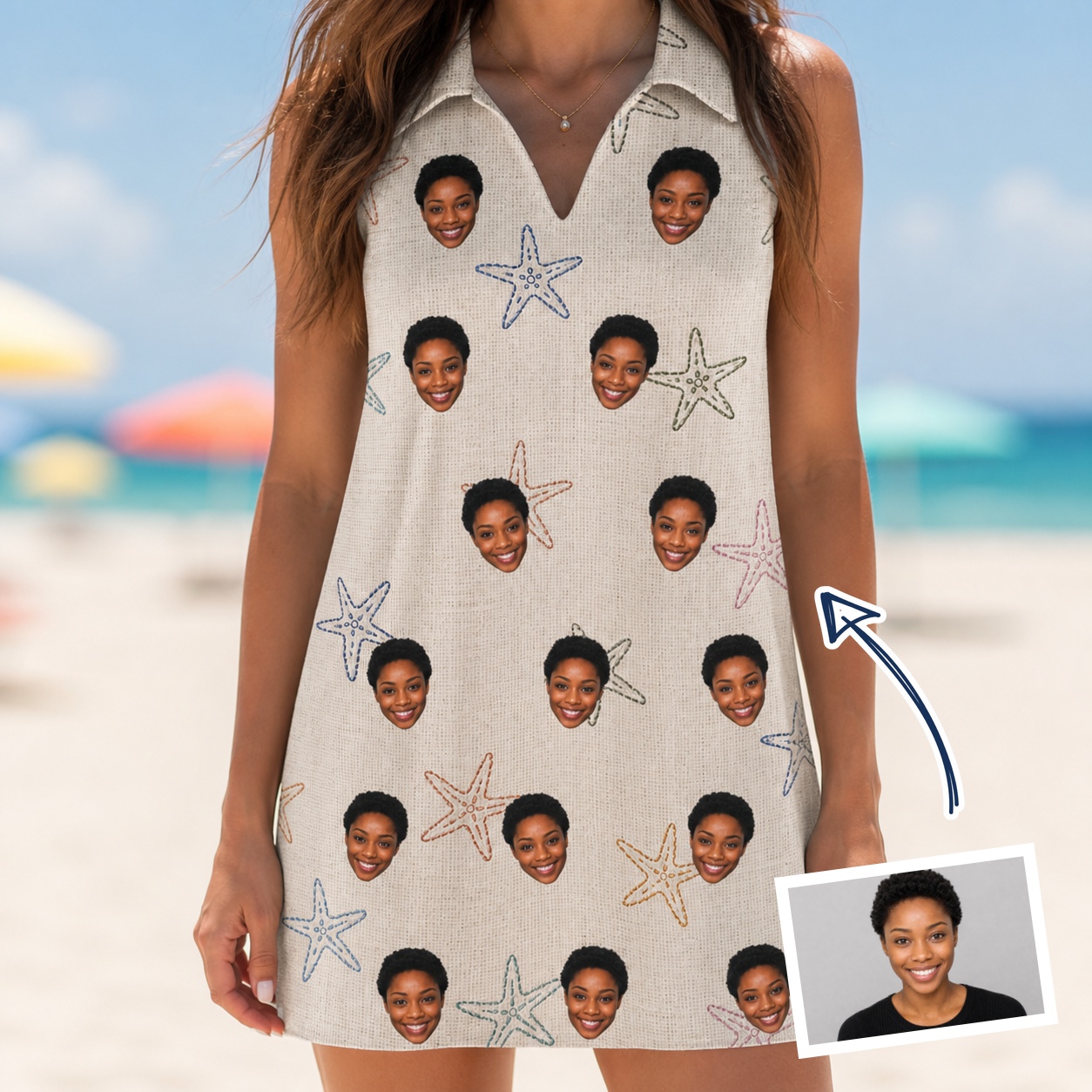 Woman wearing Women's Aster Drift Custom Face V-Neck Dress — custom faces printed all-over