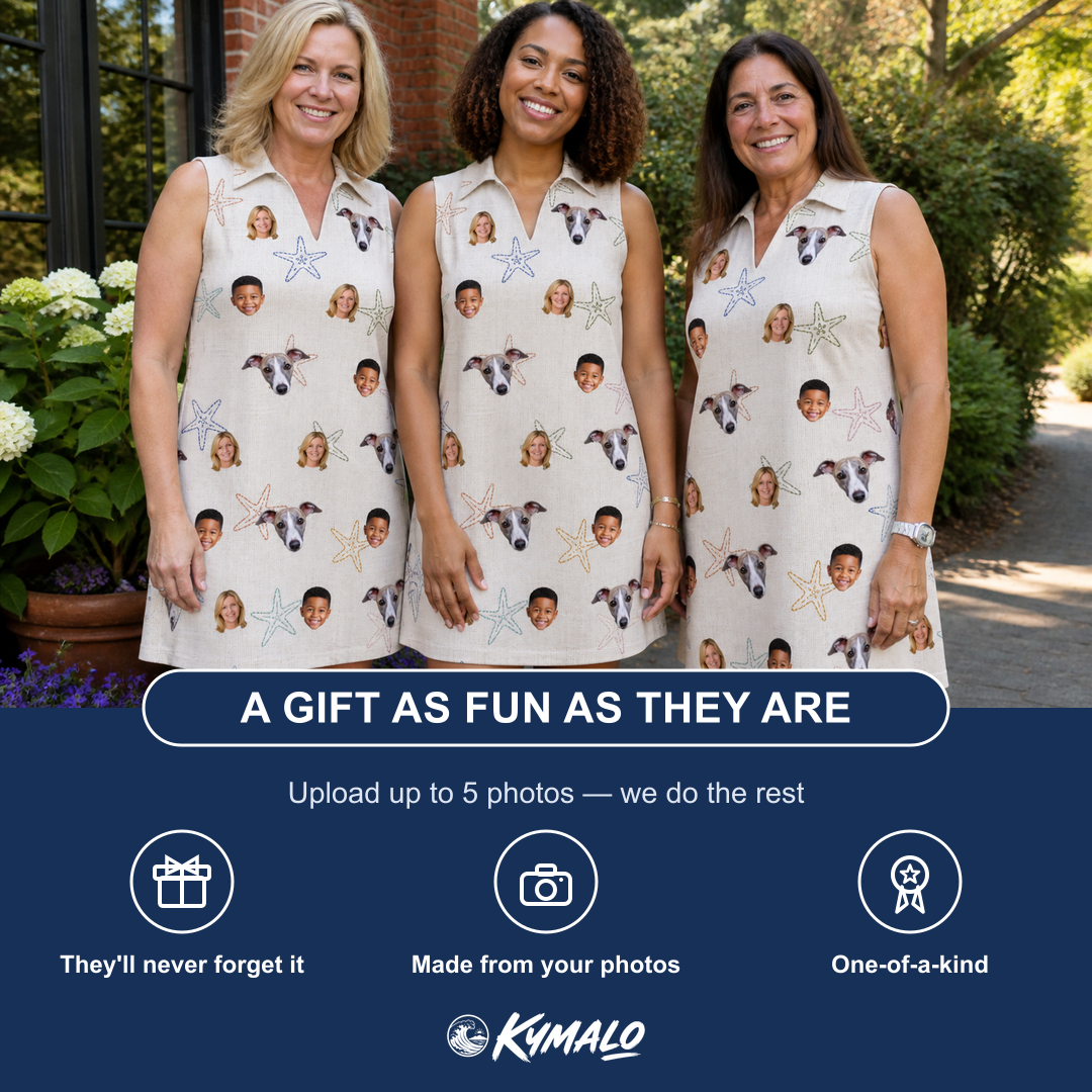 Friends in matching Women's Aster Drift Custom Face V-Neck Dress — a group gift photo