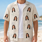 Man wearing Men's Aster Drift Custom Face Hawaiian Shirt open over a white tee