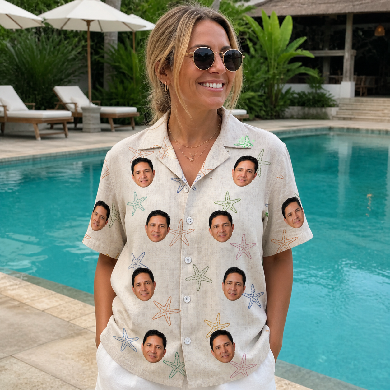 Real-life photo of someone wearing Women's Aster Drift Custom Face Hawaiian Shirt — custom faces printed all-over