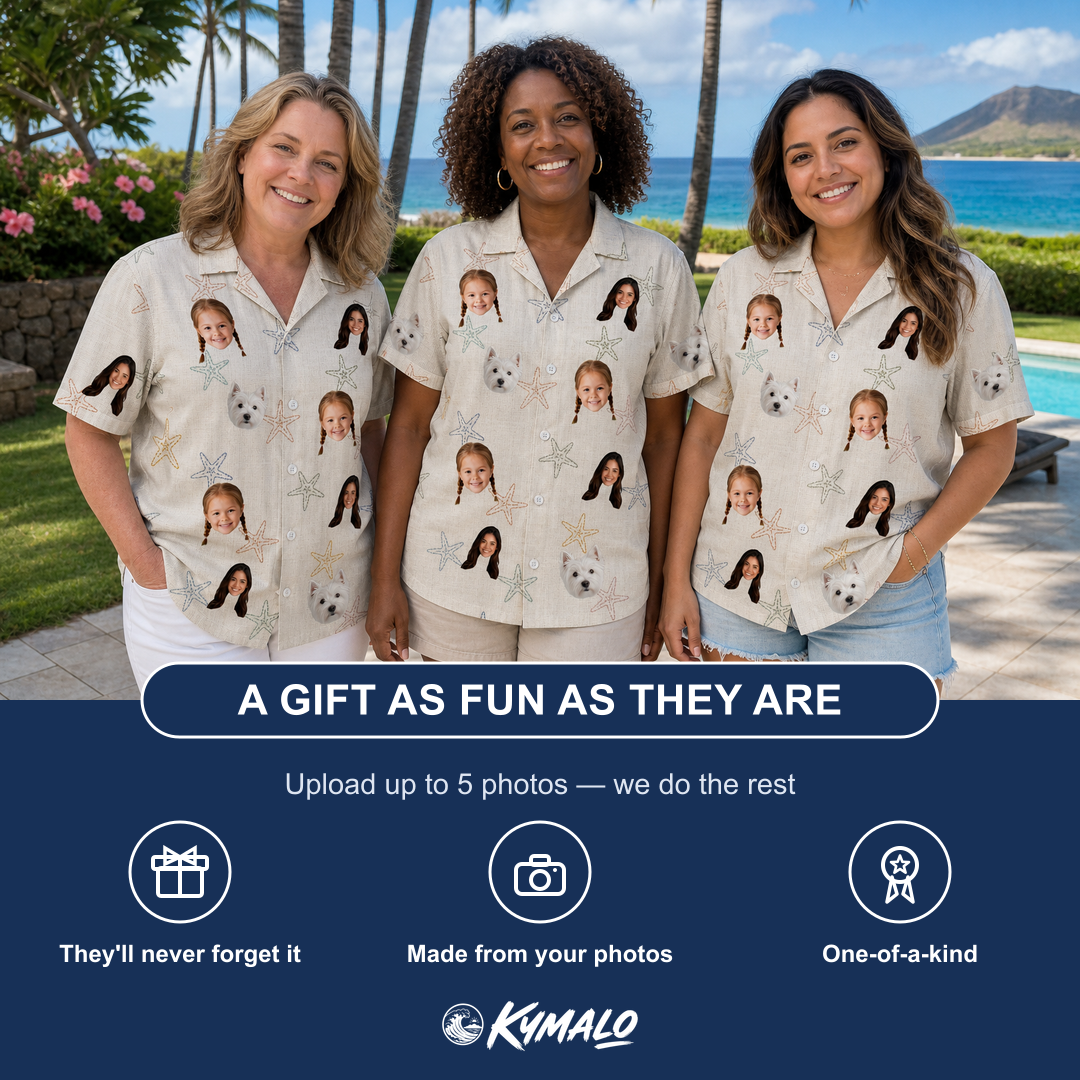 Friends in matching Women's Aster Drift Custom Face Hawaiian Shirt — a group gift photo