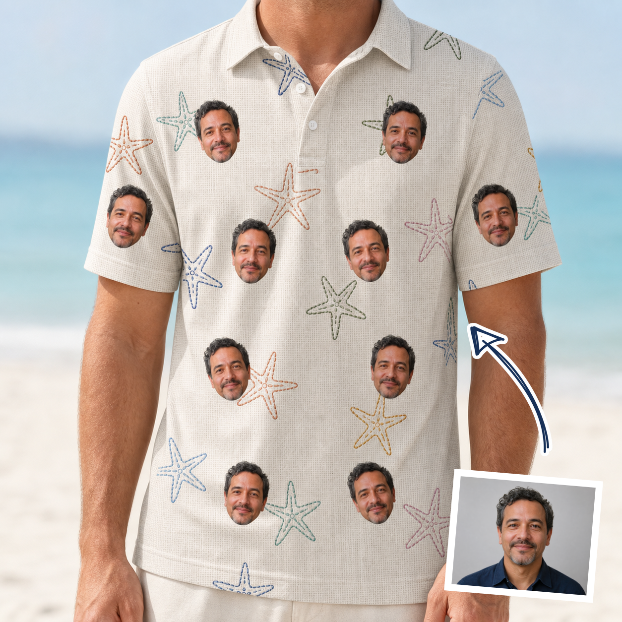 Man wearing Men's Aster Drift Custom Face Polo Shirt — custom faces printed all-over