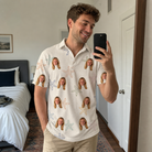 Real-life photo of someone wearing Men's Aster Drift Custom Face Polo Shirt — custom faces printed all-over