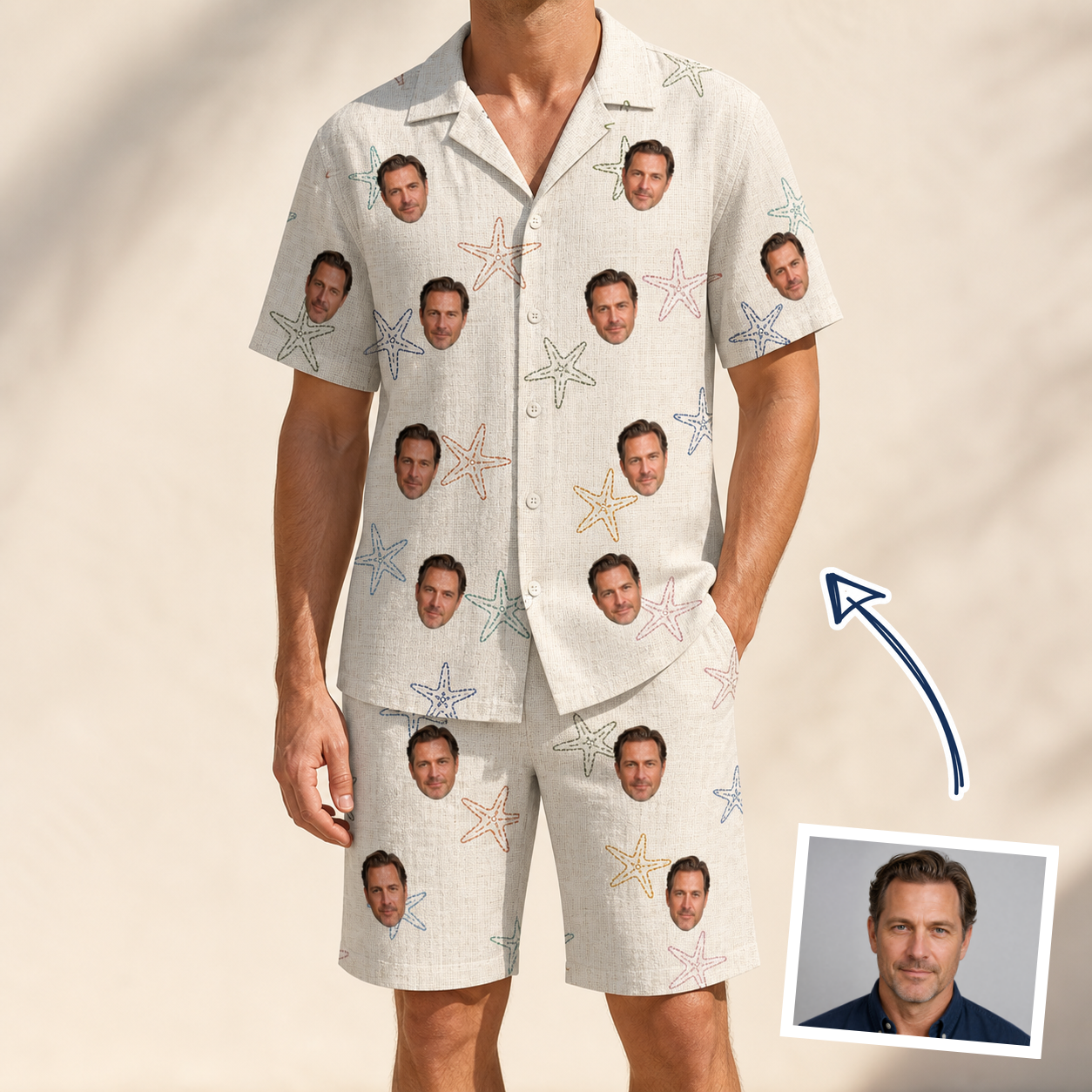 Man wearing Men's Aster Drift Custom Face Shirt & Shorts Set — custom faces printed all-over