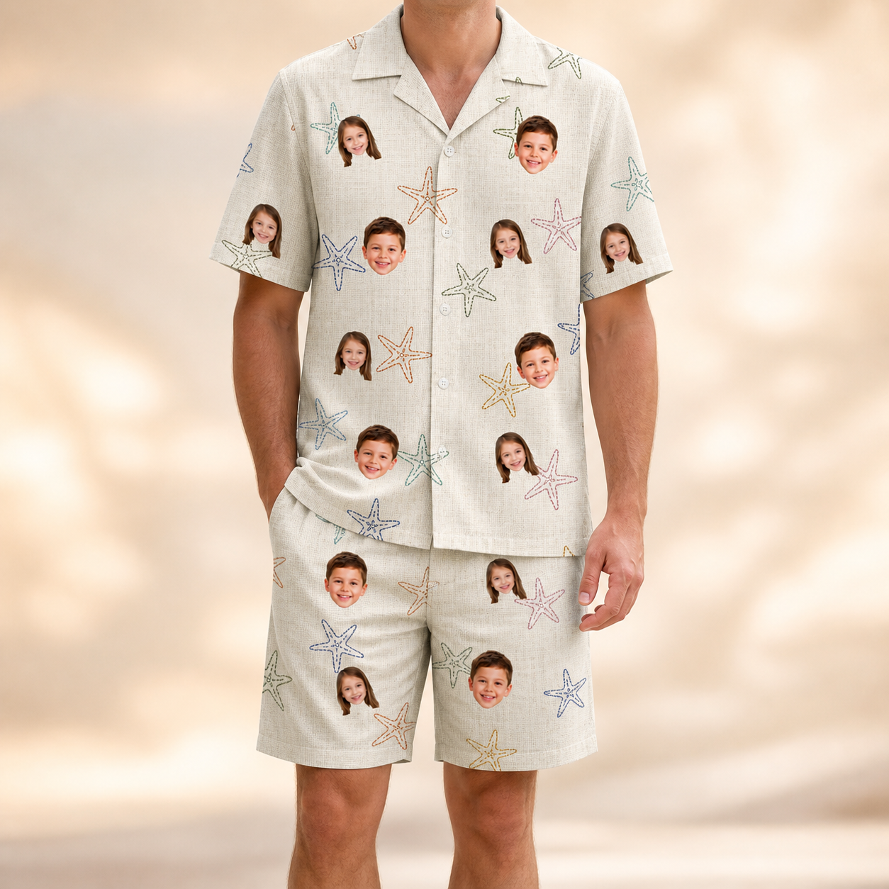 Model wearing Men's Aster Drift Custom Face Shirt & Shorts Set printed with kids' faces