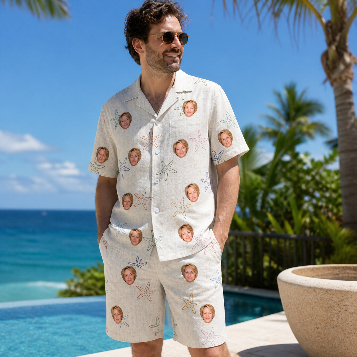 Real-life photo of someone wearing Men's Aster Drift Custom Face Shirt & Shorts Set — custom faces printed all-over