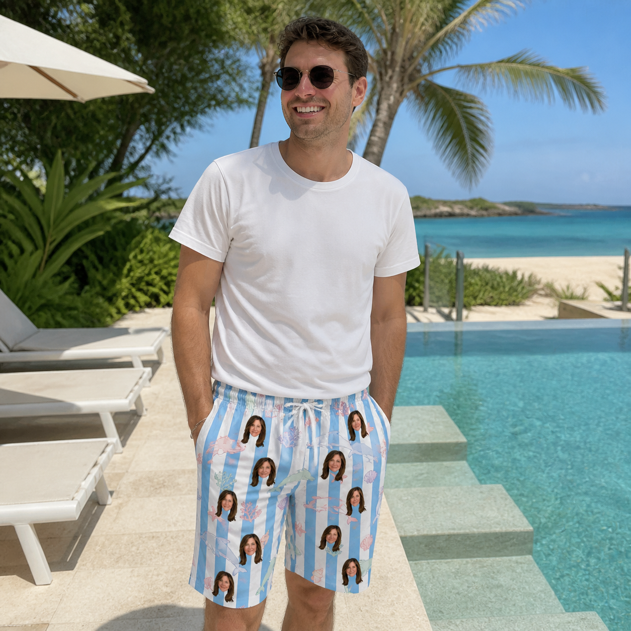 Real-life photo of someone wearing Men's Dolphin Dazzle Custom Face Beach Shorts — custom faces printed all-over
