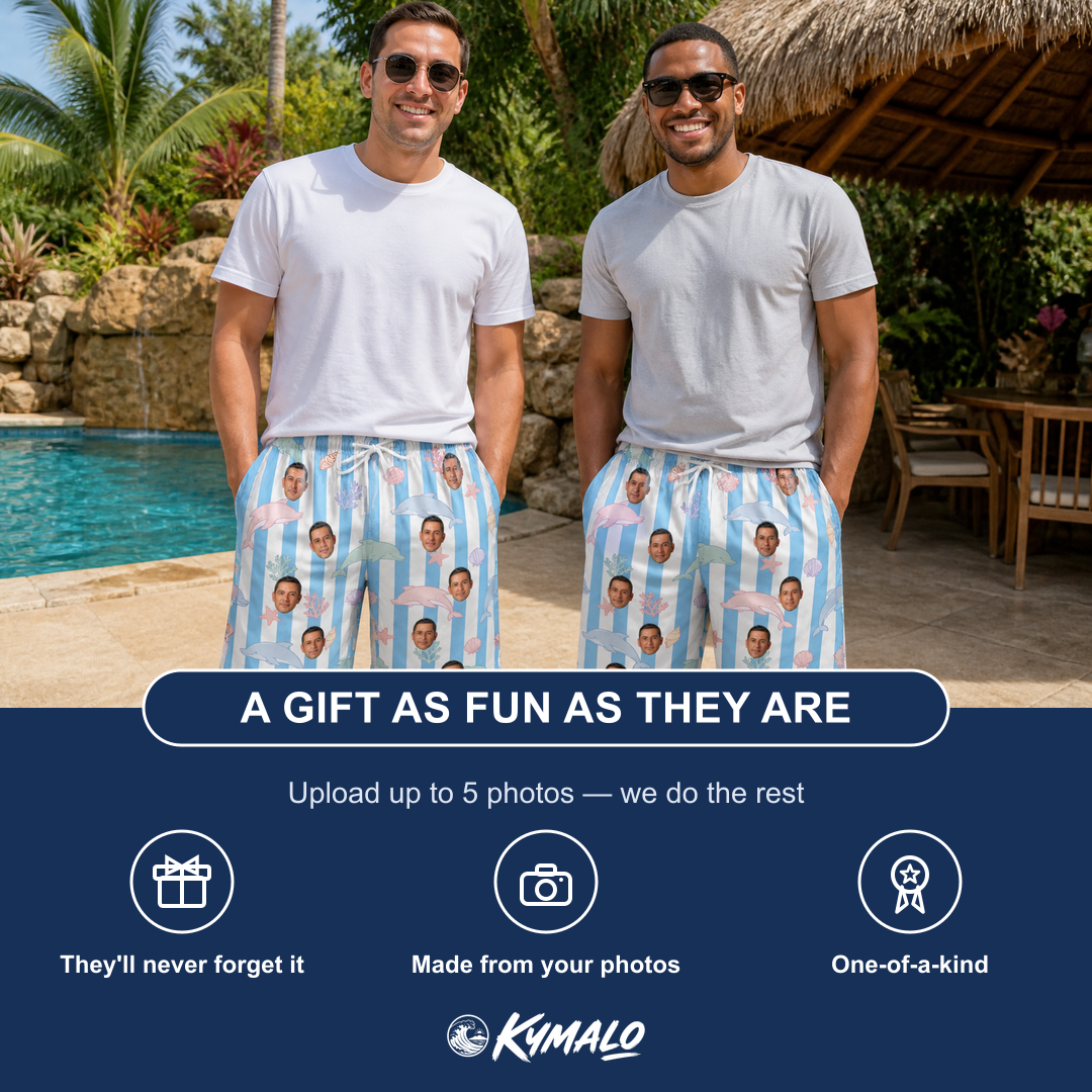 Friends in matching Men's Dolphin Dazzle Custom Face Beach Shorts — a group gift photo