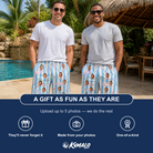 Friends in matching Men's Dolphin Dazzle Custom Face Beach Shorts — a group gift photo