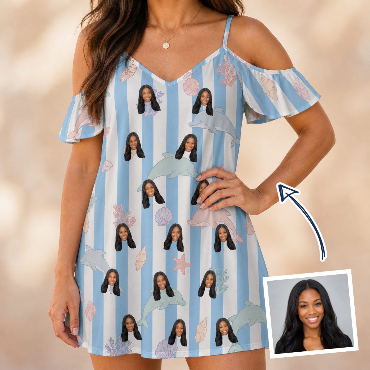 Woman wearing Women's Dolphin Dazzle Custom Face Off-Shoulder Dress — custom faces printed all-over