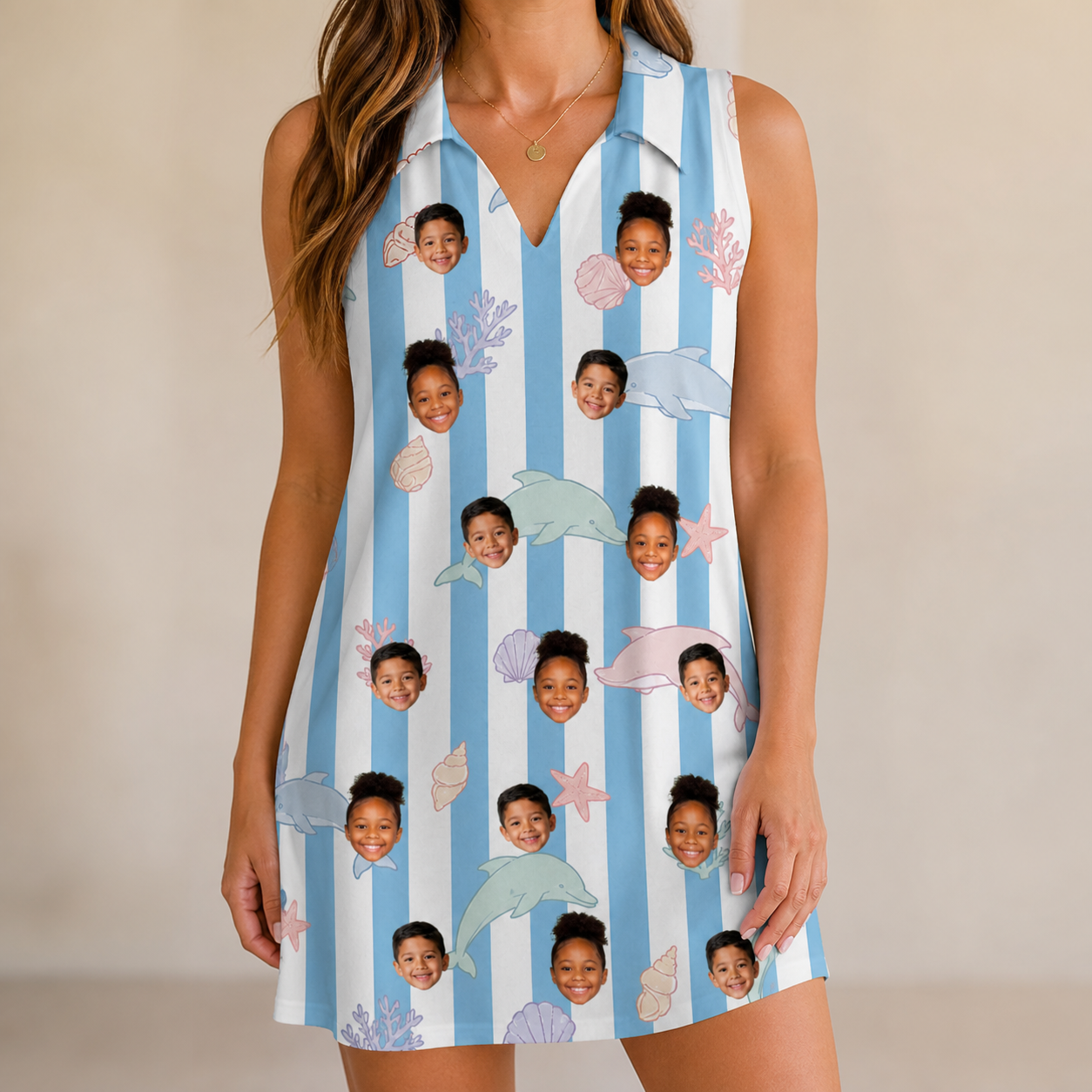Model wearing Women's Dolphin Dazzle Custom Face V-Neck Dress printed with kids' faces