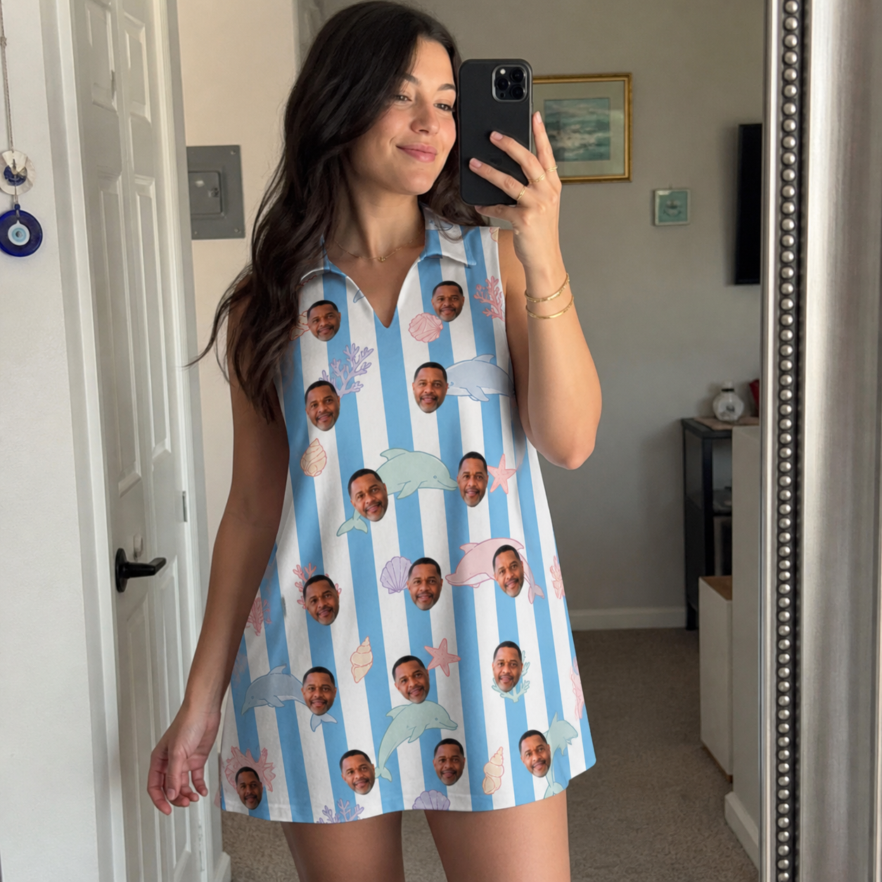 Real-life photo of someone wearing Women's Dolphin Dazzle Custom Face V-Neck Dress — custom faces printed all-over
