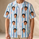 Man wearing Men's Dolphin Dazzle Custom Face Hawaiian Shirt open over a white tee