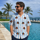 Real-life photo of someone wearing Men's Dolphin Dazzle Custom Face Hawaiian Shirt — custom faces printed all-over