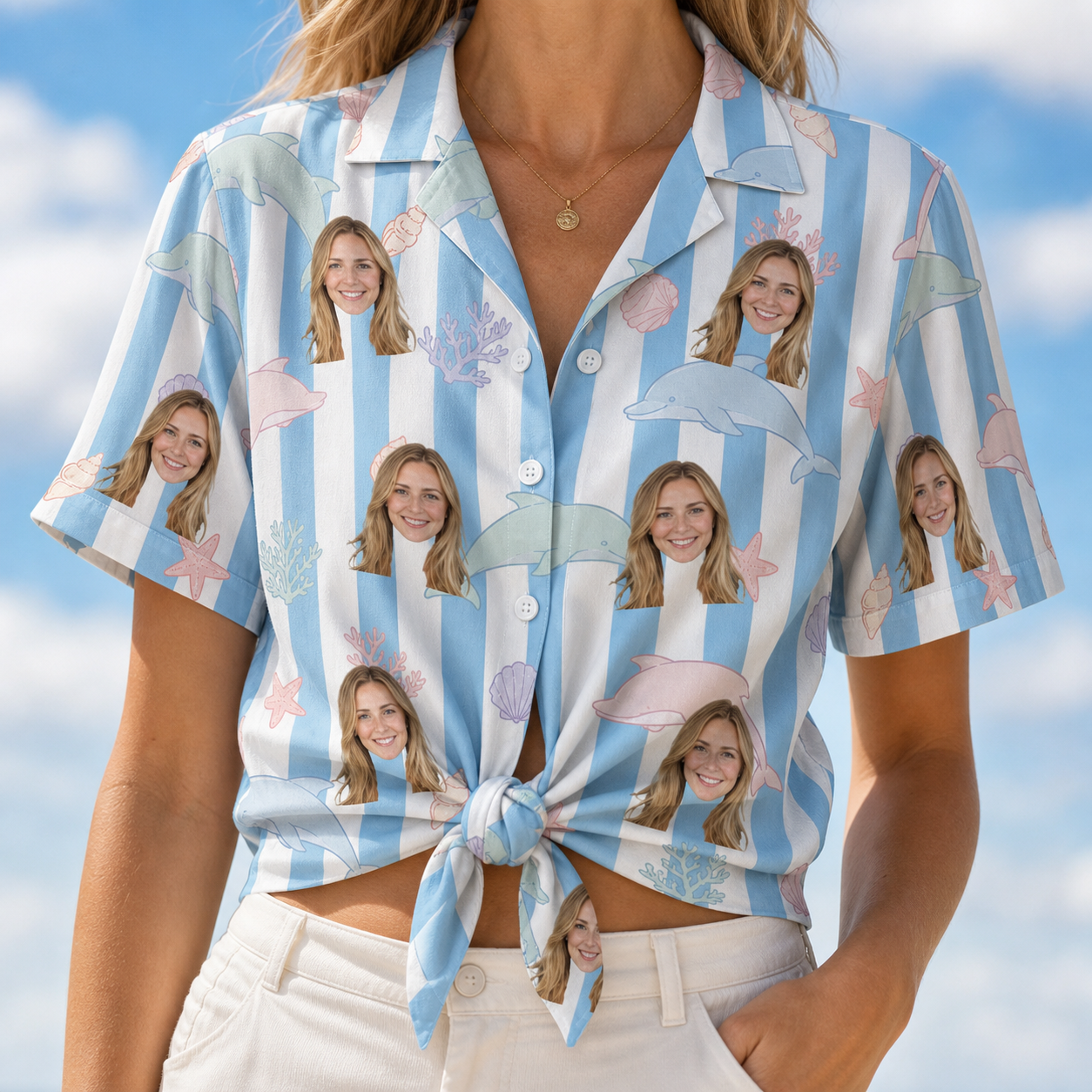 Woman wearing Women's Dolphin Dazzle Custom Face Hawaiian Shirt tied at the waist
