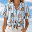 Woman wearing Women's Dolphin Dazzle Custom Face Hawaiian Shirt tied at the waist