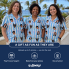 Friends in matching Women's Dolphin Dazzle Custom Face Hawaiian Shirt — a group gift photo