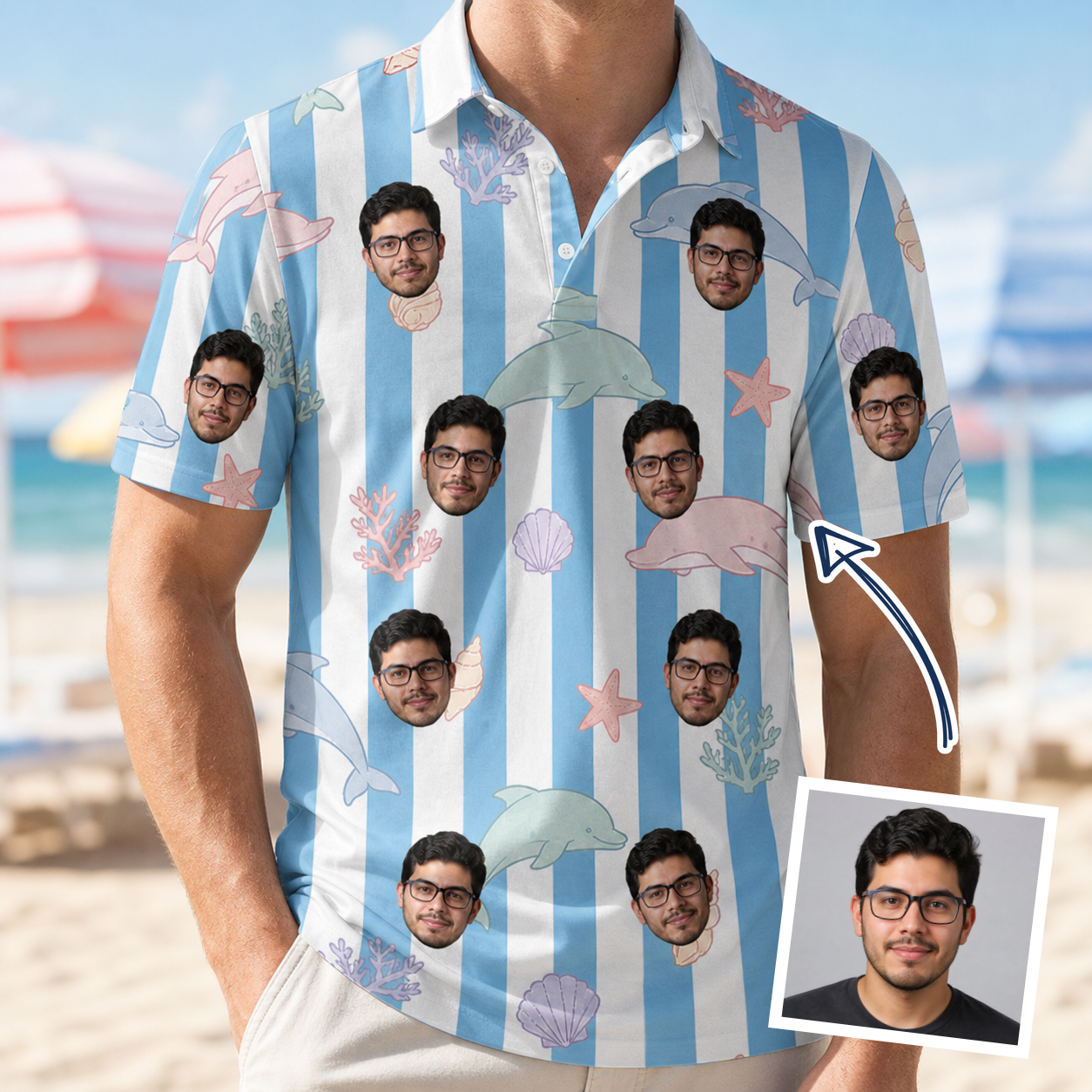 Man wearing Men's Dolphin Dazzle Custom Face Polo Shirt — custom faces printed all-over
