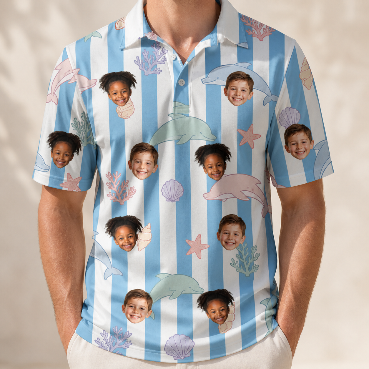 Model wearing Men's Dolphin Dazzle Custom Face Polo Shirt printed with kids' faces