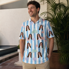 Real-life photo of someone wearing Men's Dolphin Dazzle Custom Face Polo Shirt — custom faces printed all-over