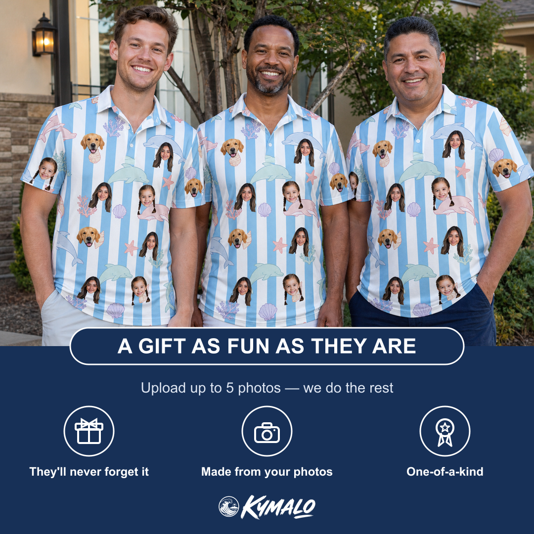 Friends in matching Men's Dolphin Dazzle Custom Face Polo Shirt — a group gift photo