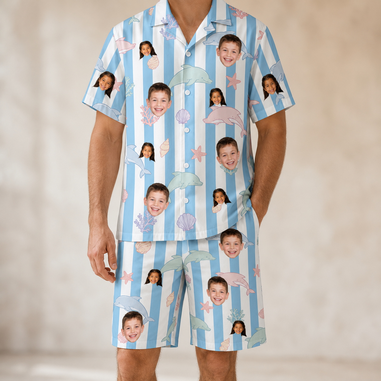Model wearing Men's Dolphin Dazzle Custom Face Shirt & Shorts Set printed with kids' faces
