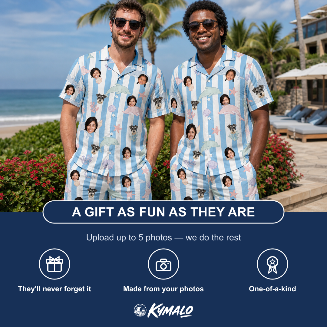 Friends in matching Men's Dolphin Dazzle Custom Face Shirt & Shorts Set — a group gift photo