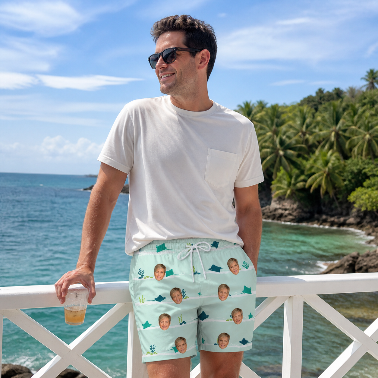 Real-life photo of someone wearing Men's Manta Motion Custom Face Beach Shorts — custom faces printed all-over