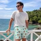 Real-life photo of someone wearing Men's Manta Motion Custom Face Beach Shorts — custom faces printed all-over