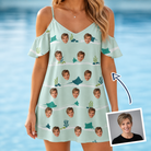 Woman wearing Women's Manta Motion Custom Face Off-Shoulder Dress — custom faces printed all-over