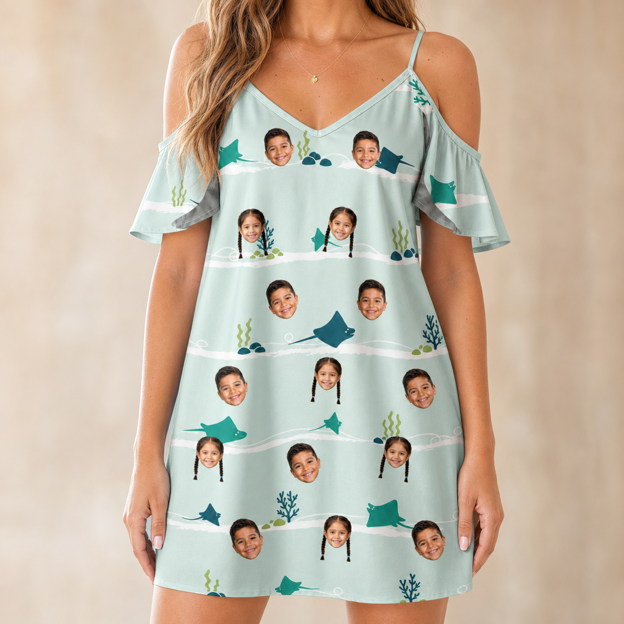Model wearing Women's Manta Motion Custom Face Off-Shoulder Dress printed with kids' faces
