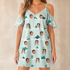 Model wearing Women's Manta Motion Custom Face Off-Shoulder Dress printed with kids' faces